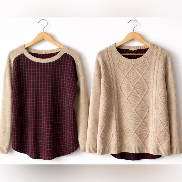 Mystree Sweaters - Mystree Cable Knit Sweater Flannel Plaid Back Beige Rust Large